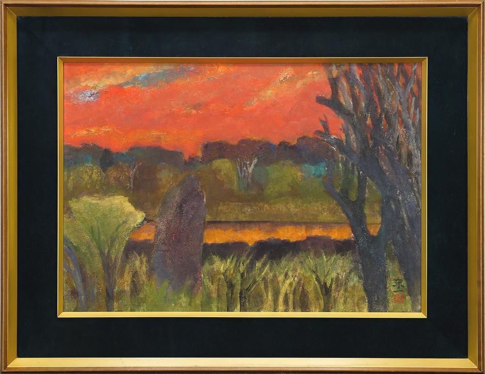 真作】【WISH】加藤東一 日本画 約12号 大作 金泥仕様 ◇茜色に染まる