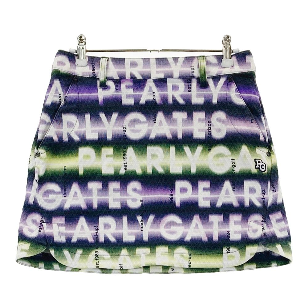 サイズ 0 PEARLY GATES パーリーゲイツ モデル ストレッチスカート ロゴ 総柄 ネイビー系 240101565242 ゴルフウェア レディース ストスト