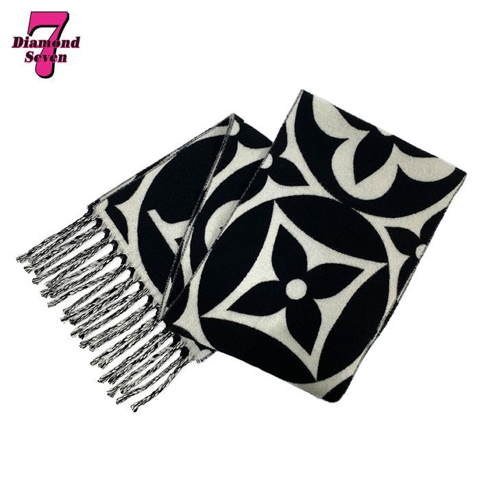 Loius Vuitton ルイヴィトン M79212 マフラー・LV メダリオン ノワール モノグラム ウール100% モノクロ 白黒 ブラック ホワイト フリンジ 冬 レディース メンズ ユニセックス ⓪