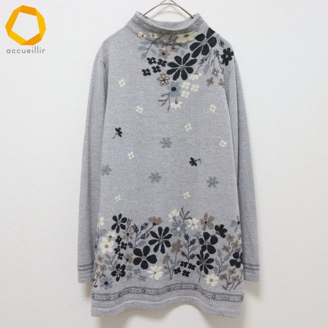 アトリエサガン ATELER SAGAN ウール ニット チュニック トップス ハイネック ビーズ パール スパンコール 花柄 x977601n