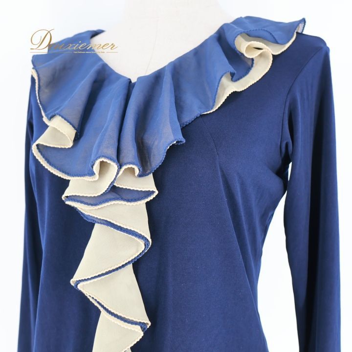 社交ダンス 衣装 トップス ネイビー系 タカダンス TAKA DANCE フリル 華やか 上品 レッスン 練習 紺 伸縮 ストレッチ かわいい 長袖 ダンス衣装 ブラウス ベージュ系