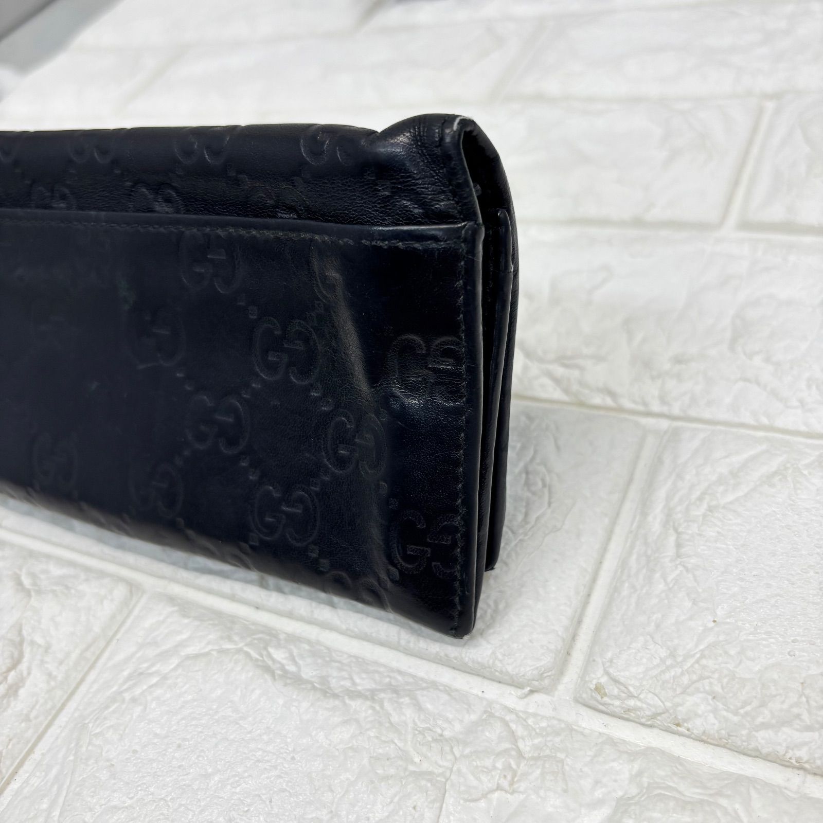 j35 Gucci　グッチ　長財布　シマレザー　ブラック　プレート ◼︎ GUCCI グッチ シマ 長財布 二つ折り シルバープレート レザー