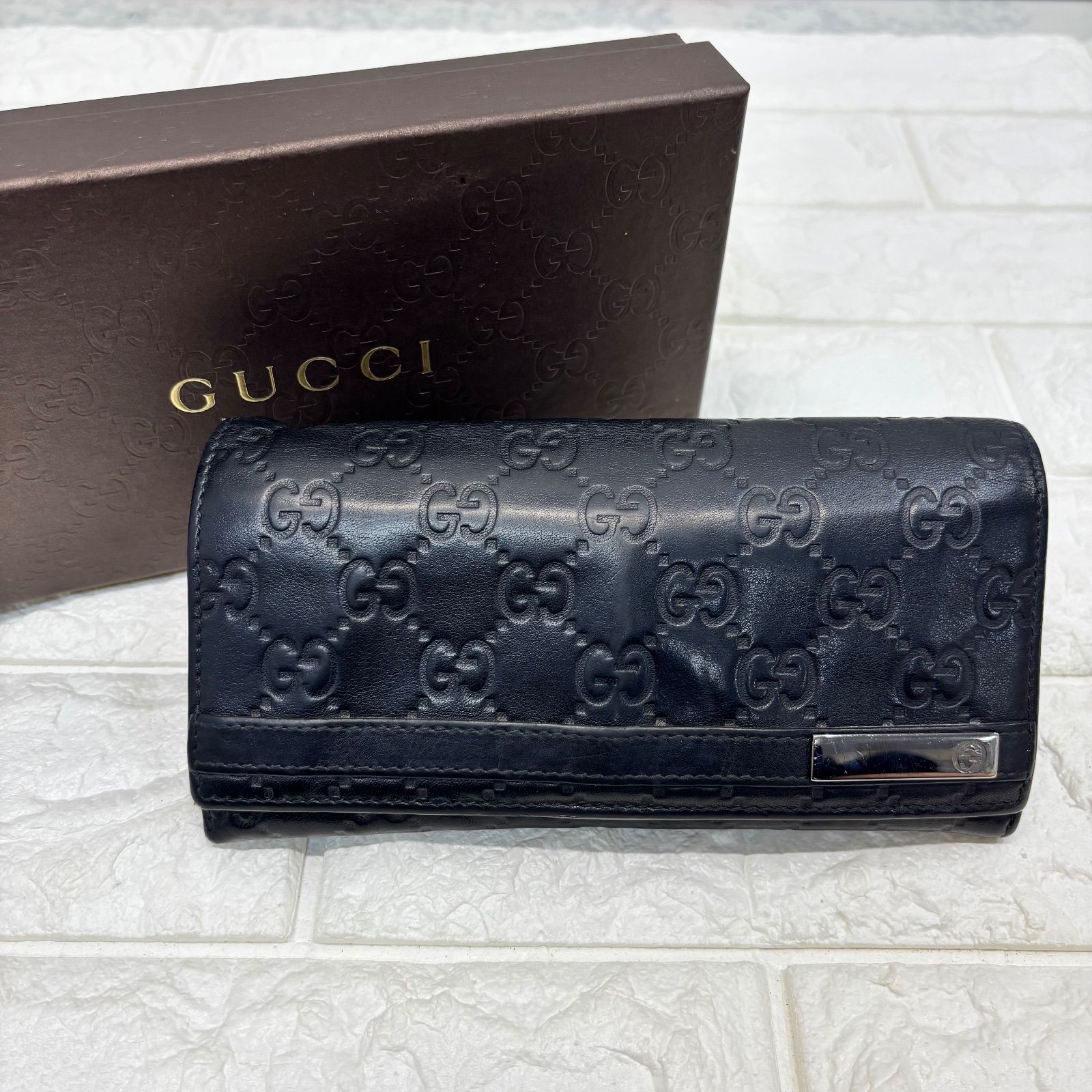 ◼︎ GUCCI グッチ シマ 長財布 二つ折り シルバープレート レザー