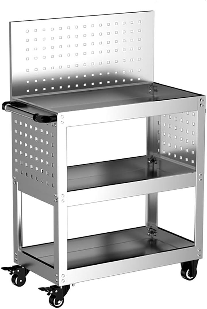 QD WST ツールカート ツールワゴン ステンレスワゴン 幅66 cmx奥行き35 cmx高さ75 cm ステンレス製 工具台車 耐荷重300 kg 工具カート キャスター付き 収納 シルバー 三段 フックエリア付き