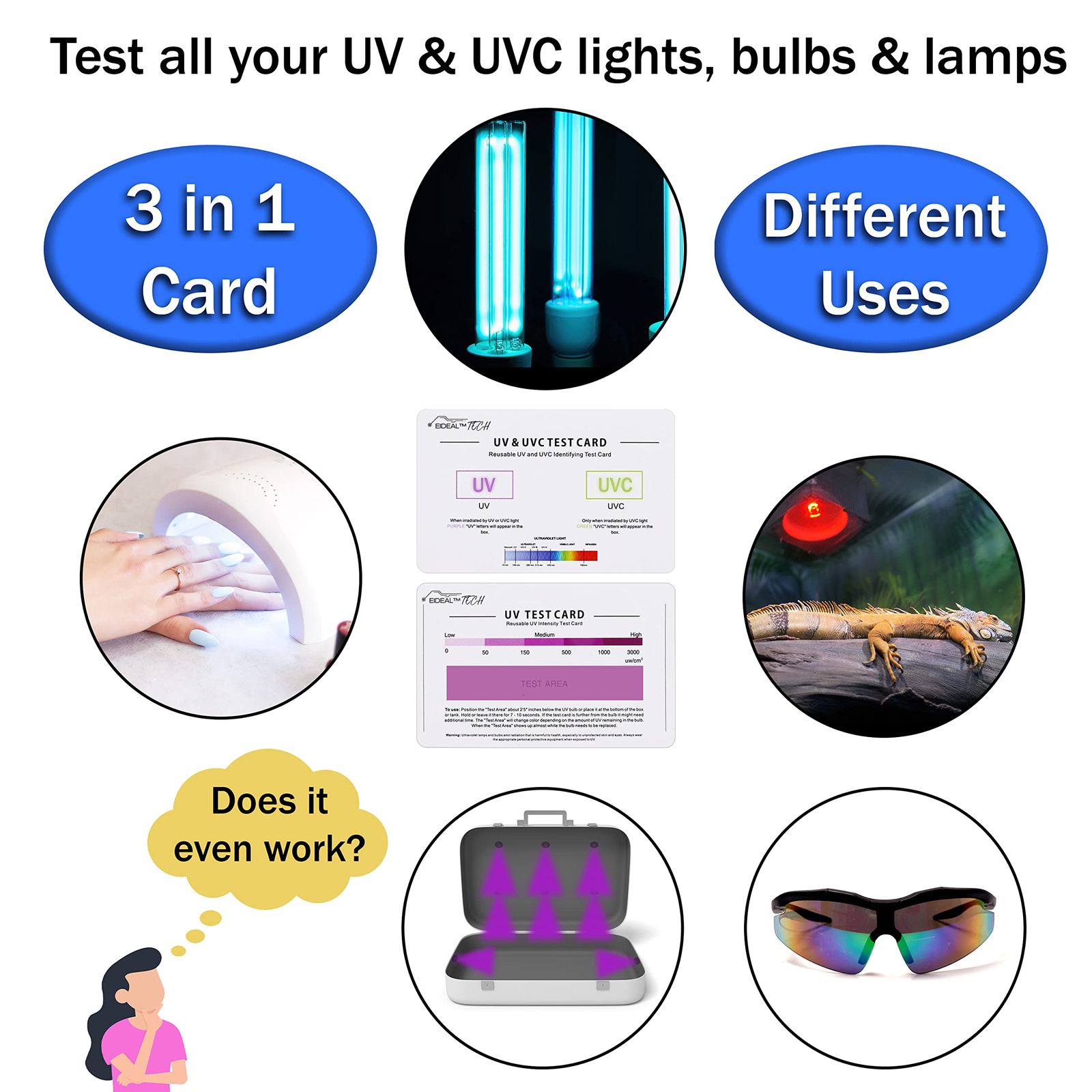 EIDEAL&trade; | UV&UVCテストカード&UV強度テストカード | 3イン1 UVテストカード | UVA&UVC光識別カード | UVバルブ&LED強度リーディングカード | UV投与量インジケーターカード | UVBテスター 