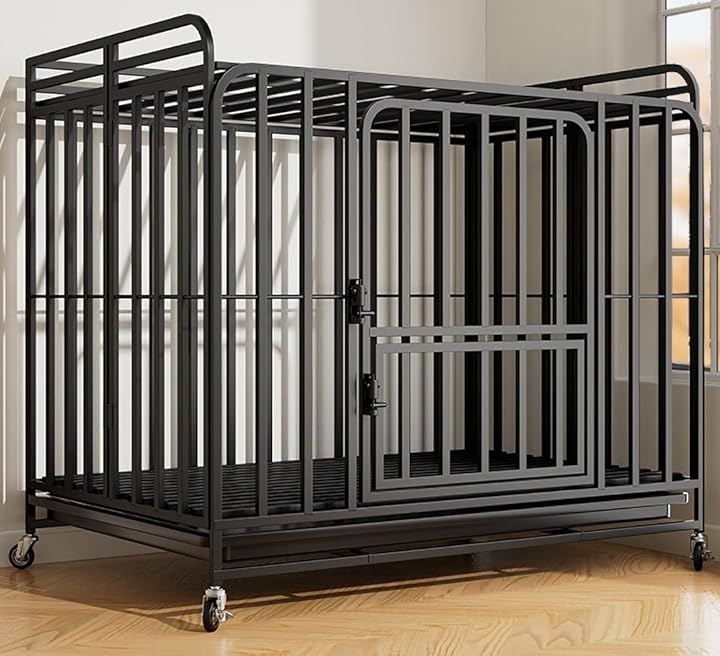 QD-WST ペットケージ 犬用ケージ 犬用クレート 金属製 折り畳み式 組み立て簡単 中型犬 大型犬 キャスター付き 移動便利 頑丈 ブラック 幅108.5 x奥行き71 x高さ99 cm