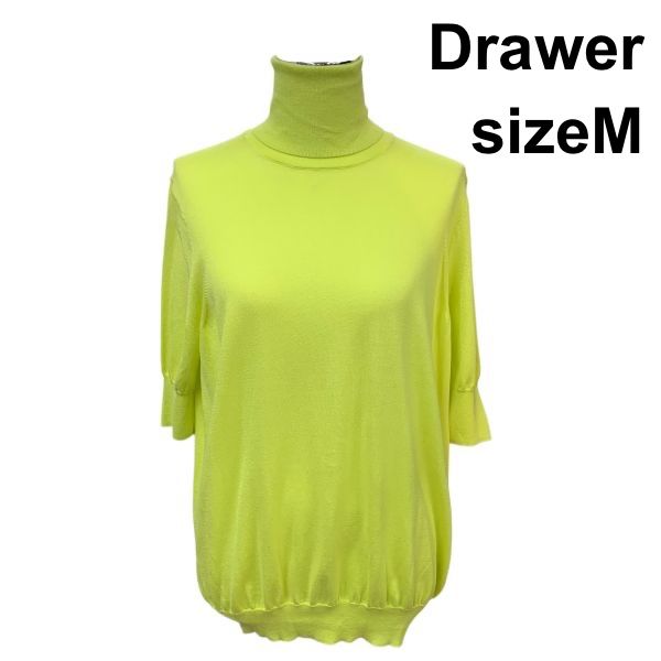 ドゥロワー Drawer ニットトップス 5分袖 タートルネック 薄手 ハイゲージ セーター 黄色 絹 コットン M 9号 レディース H5Y060