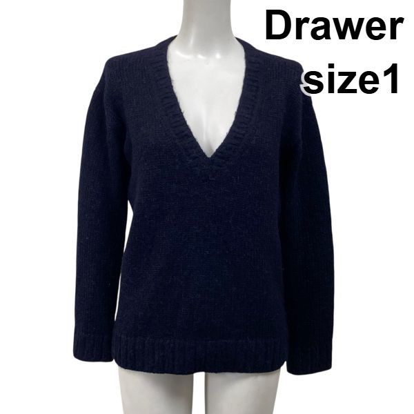 ドゥロワー Drawer Vネックセーター 長袖 ニット 袖裾リブ編み ネイビー アルパカ混 シルク混 1 S 7号 レディース S5X369
