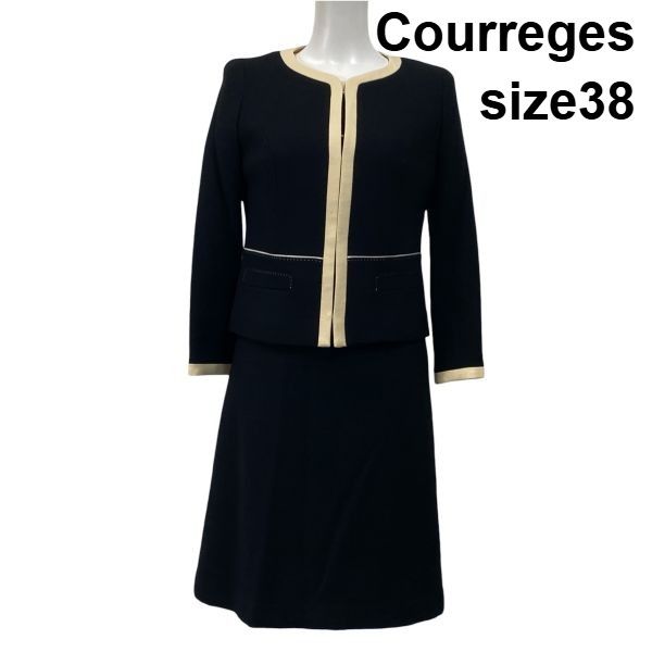 クレージュ Courreges セットアップ スーツ ノー ジャケット 膝丈ワンピース 黒 ベージュ 毛混 38 M 9号 レディース S5X347