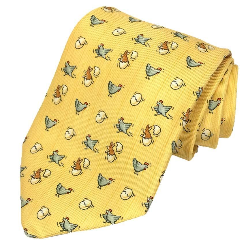 HERMES エルメス ネクタイ イエロー にわとり たまご うさぎ aq 11559