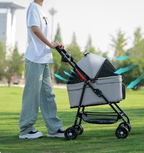 ペットカート分離式 折り畳み 4輪 ピンク ストッパー付き 小物入れ