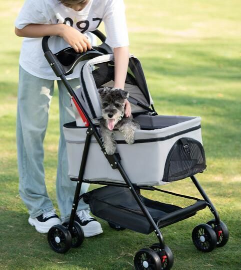 ペットカート分離式 折り畳み 4輪 ピンク ストッパー付き 小物入れ