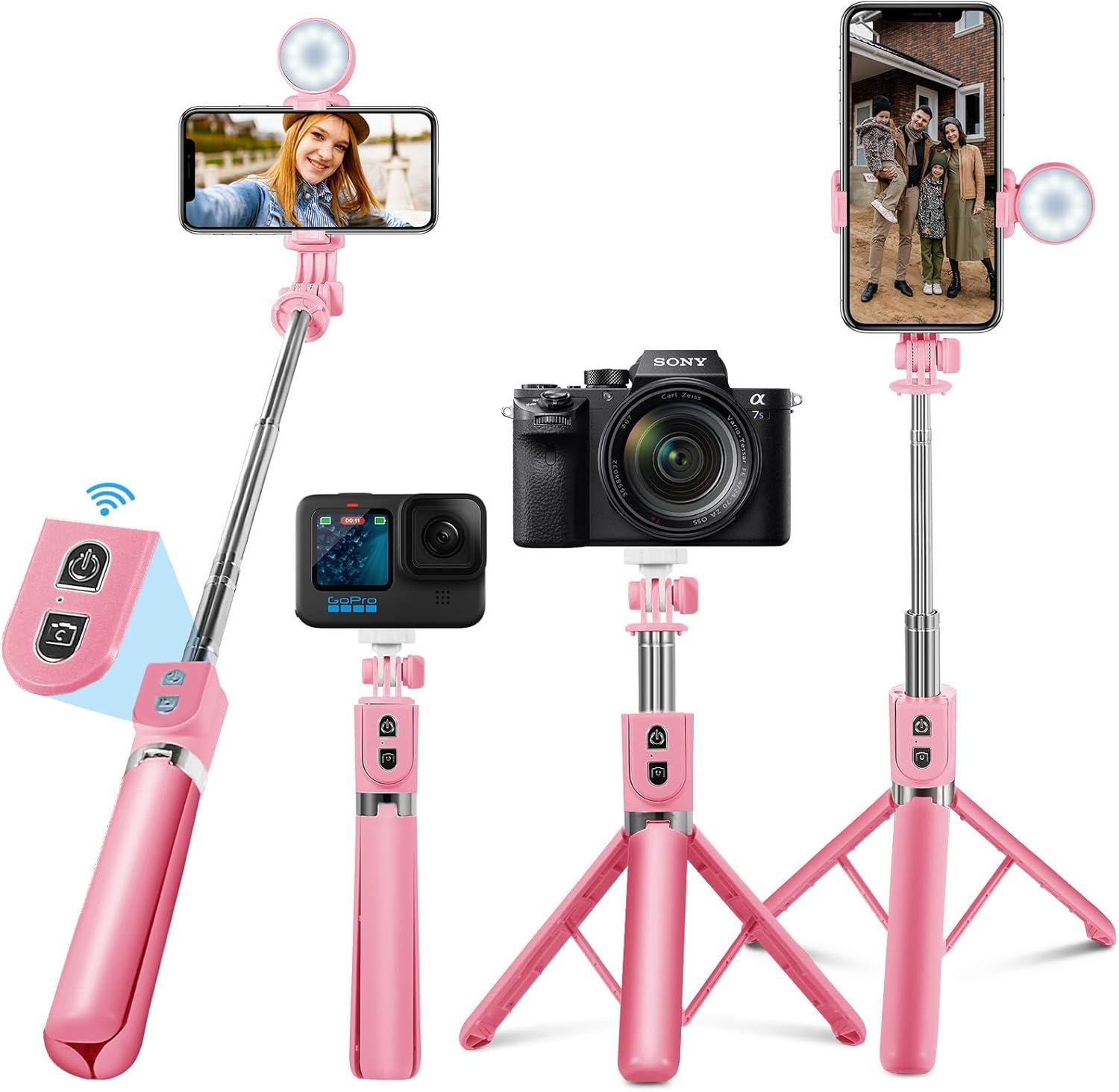 컬러 핑크 셀피 스틱 삼각대, 블루투스 셀키 스틱, 최대 130cm, 뷰티 LED 조명이 있는 9단계 접이식 스마트폰 스탠드, 360° 회전 + 240° 조절 가능 스마트폰, 고프로 액션 카메라, 디지털 카메라, 아이폰 안드로이드, A-145 호환