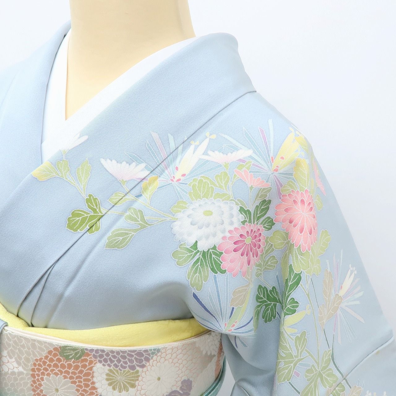 百華❀Y4000◇作家物落款 手描き友禅 仕付け糸付 手縫い仕立て 菊 若松