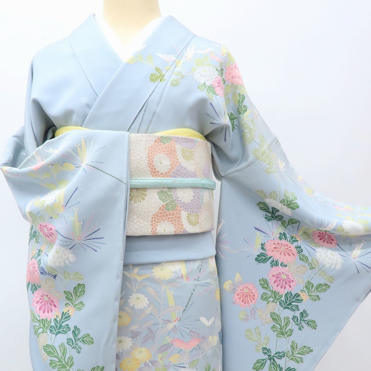 百華❀Y4000◇作家物落款 手描き友禅 仕付け糸付 手縫い仕立て 菊 若松