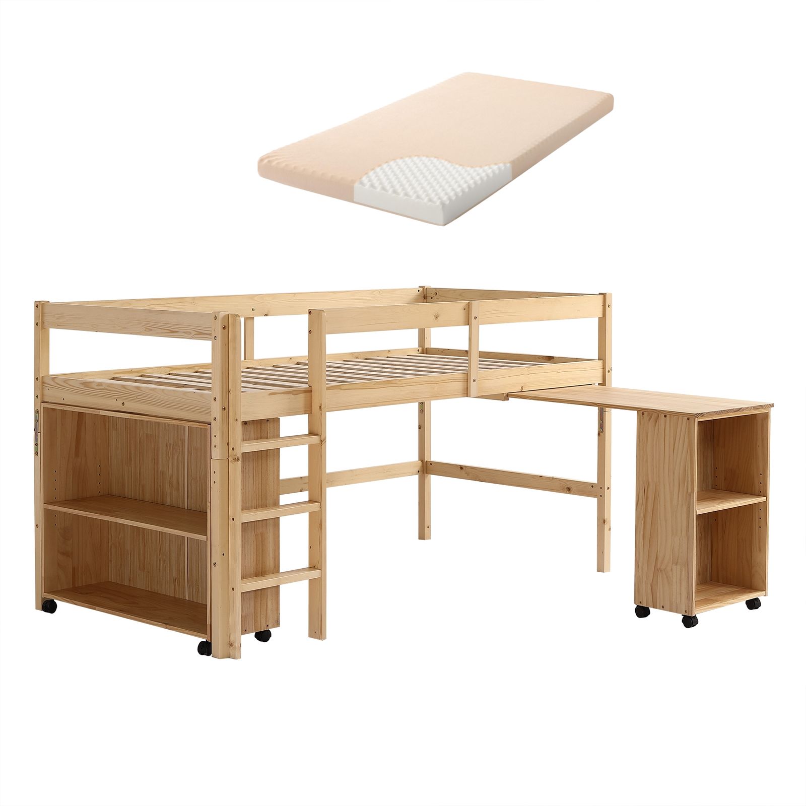 ロフトベッド 10 cm厚さマットレス付き システムベッド 木製 シングル ベッド ロータイプ デスク 本棚 机付き 学習机 コンパクト 本棚付き 木製ベッド 天然木 収納 子供 大人 一人暮らし 家庭用 業務用