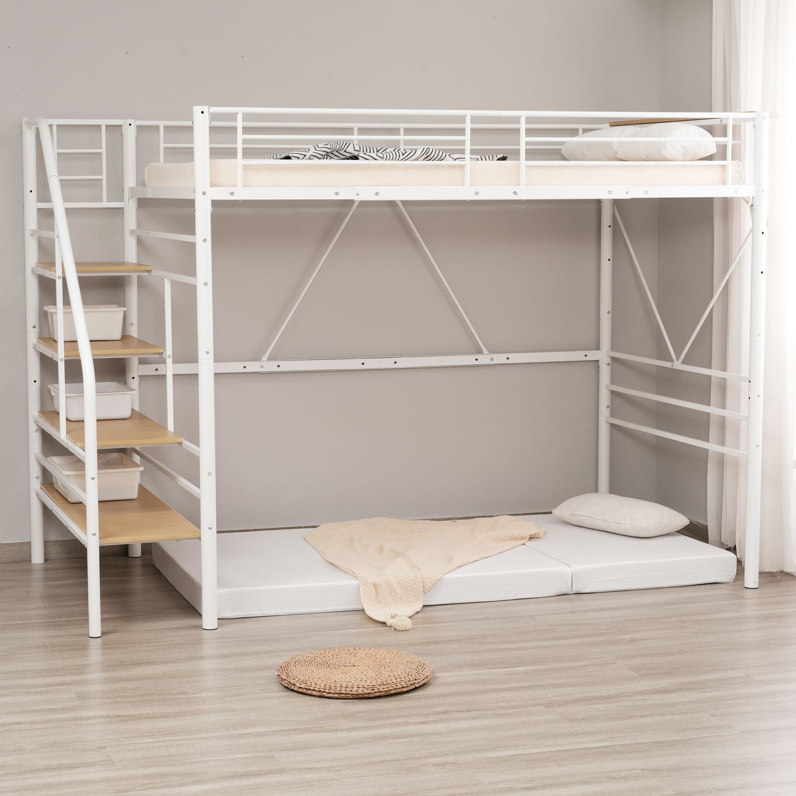 ロフトベッド 【10cm厚さベージュマットレス付き】ロフトベッド 階段