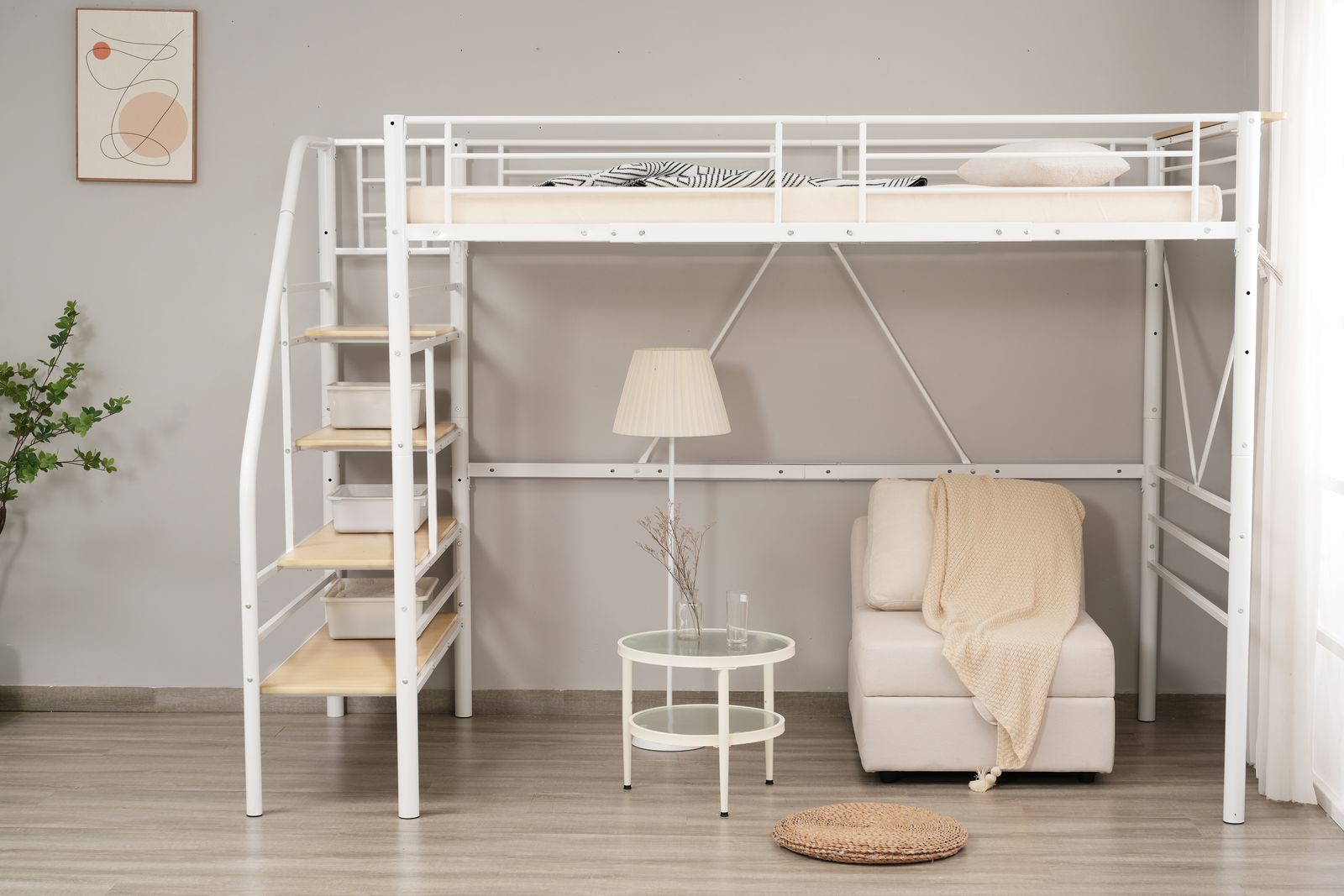 【マットレス付き】ロフトベッド 階段付き パイプベッド シングル コンセント付き 全店5%OFFクーポン利用可能！】ロフトベッド 階段付き コンセント付き