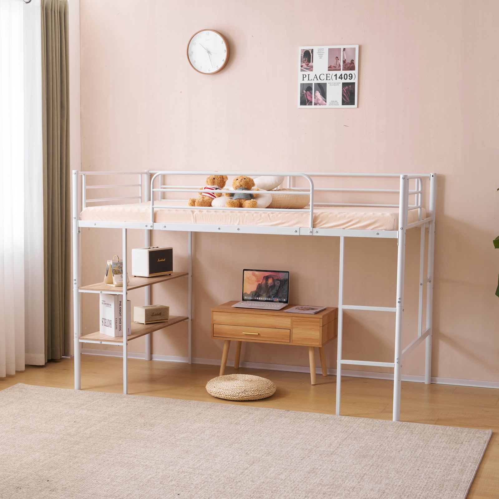 新品】 ホワイト ロフトベッド パイプベッド シングルベッド 収納棚