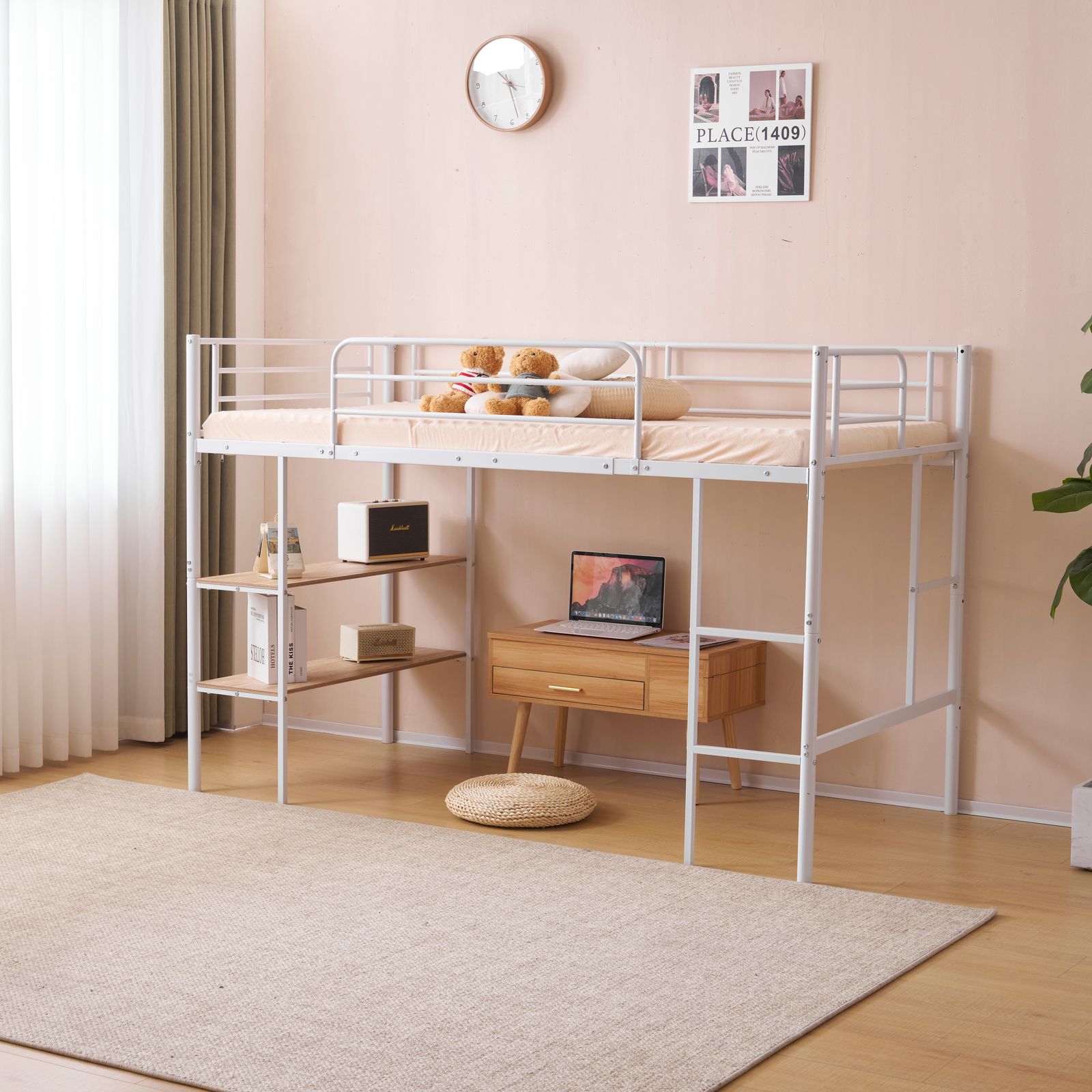 新品】 ホワイト ロフトベッド パイプベッド シングルベッド 収納棚