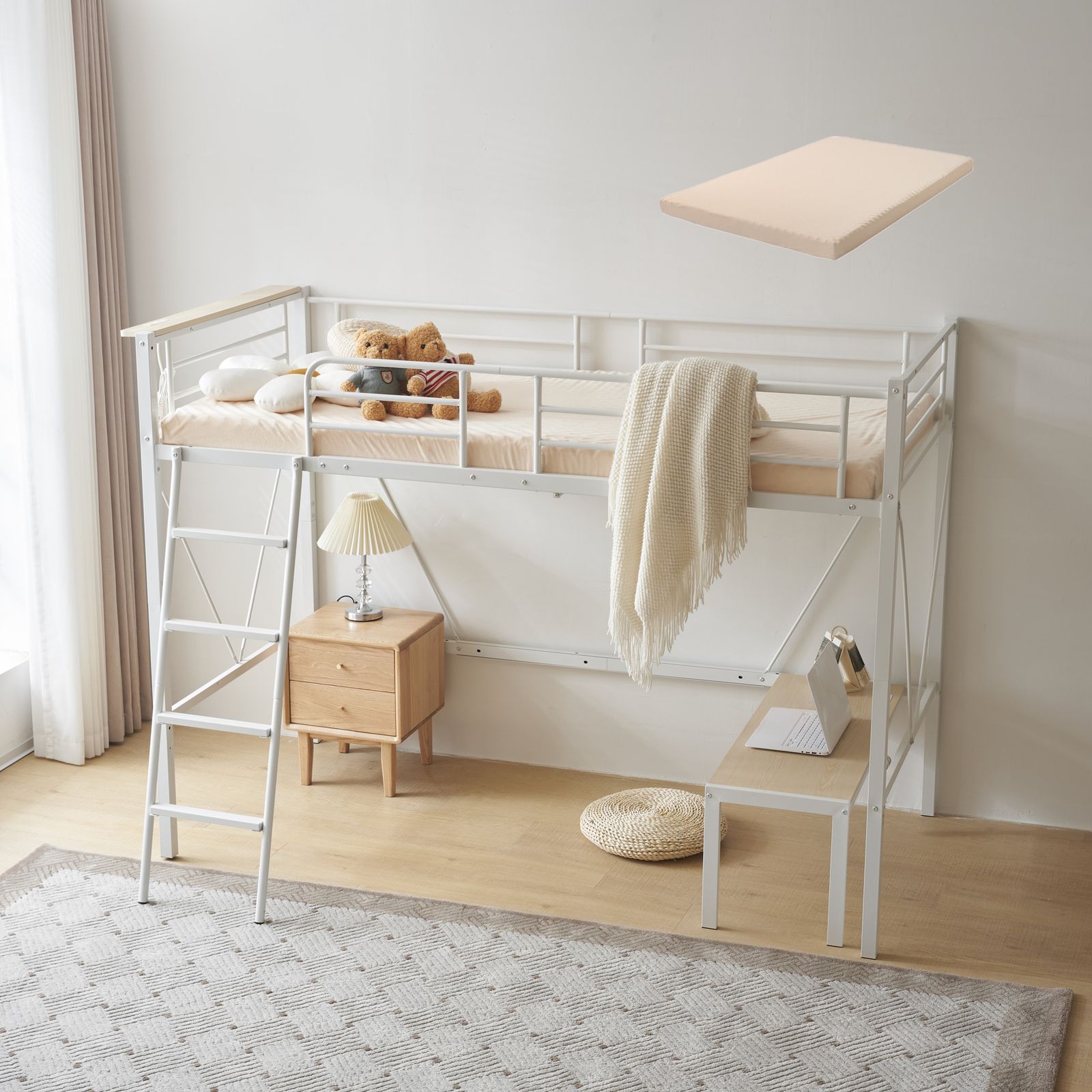 ロフトベッド 厚さ10 cmベージュマットレス付き シングル コンセント付き ミドルタイプ 高さ150 cm ローデスク付き パイプベッド アイアンベッド 子供部屋 スチール 耐震 ベッド ハンガーラ 家庭用 業務用