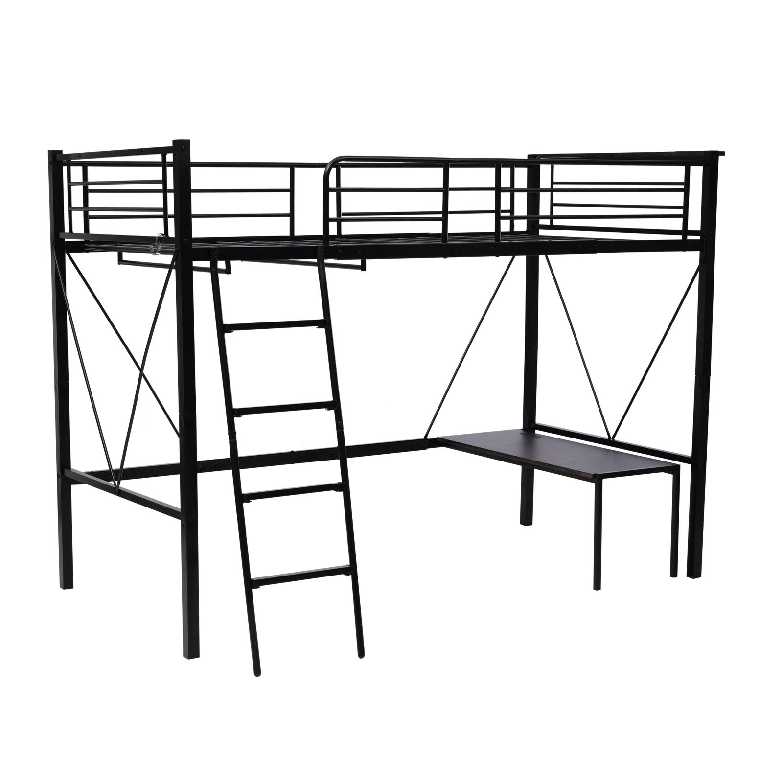 ロフトベッド シングル コンセント付き ミドルタイプ 高さ150 cm ローデスク付き パイプベッド アイアンベッド 子供部屋 スチール 耐震 ベッド ハンガーラック付き 耐荷重150 kg ブラック 家庭用 業務用
