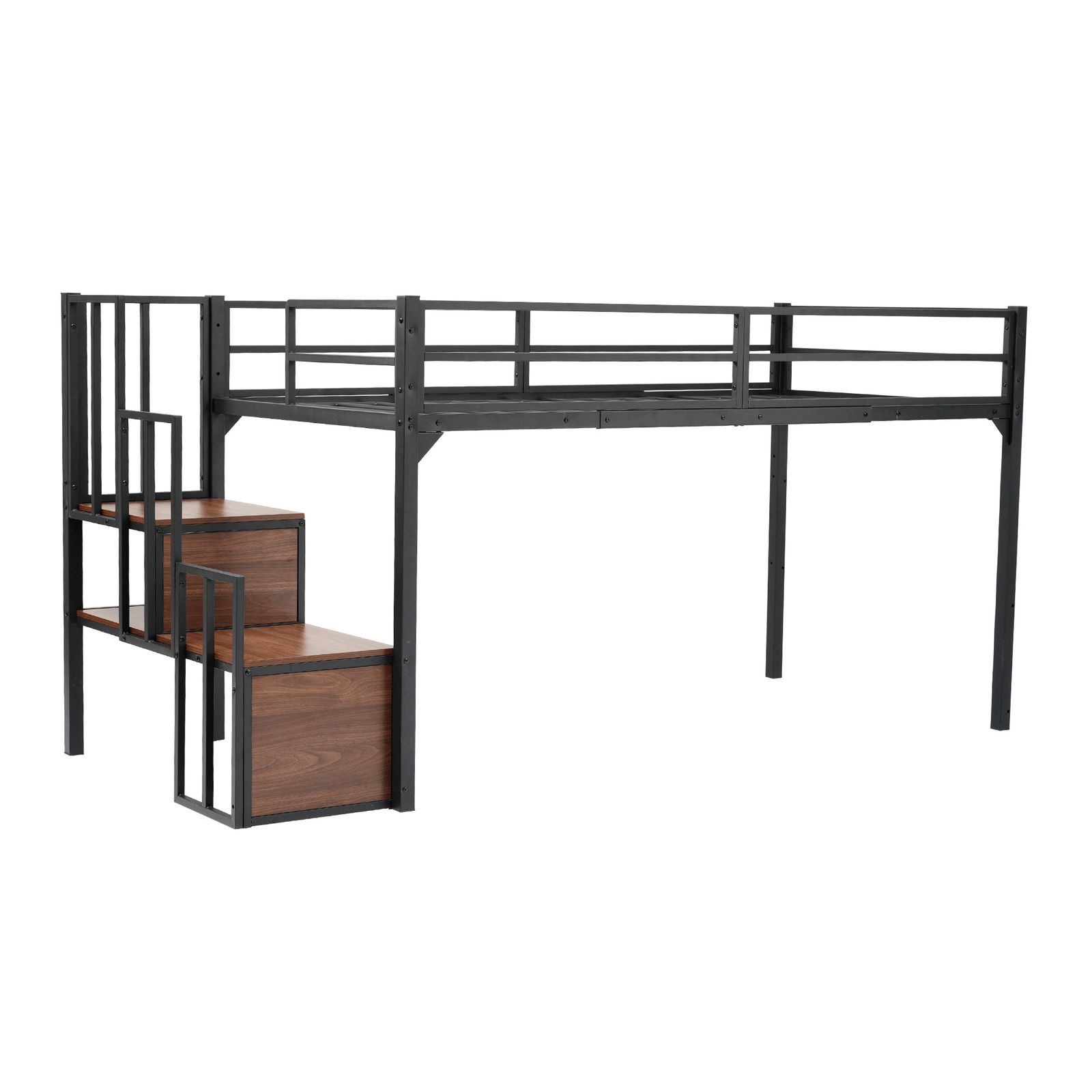 ロフトベッド ブラック パイプベッド 階段付き シングルベッド ロータイプ ロフトベッドロータイプ 木 収納 北欧風 おしゃれ 子供部屋 スチール 家庭用 業務用