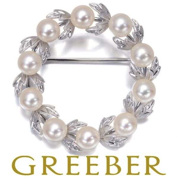 ミキモト ブローチ パール 真珠 5.6mm サークル リーフ リース K14WG