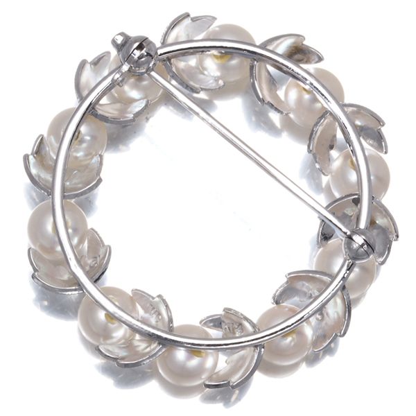 ミキモト ブローチ パール 真珠 5.6mm サークル リーフ リース K14WG