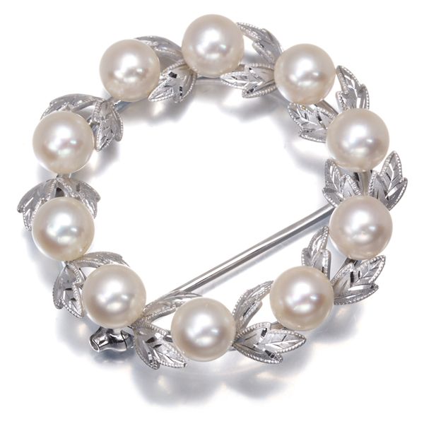 ミキモト ブローチ パール 真珠 5.6 mm サークル リーフ リース K 14 WG 180549