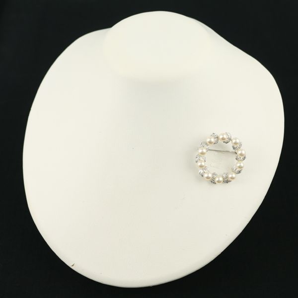 ミキモト ブローチ パール 真珠 5.6mm サークル リーフ リース K14WG