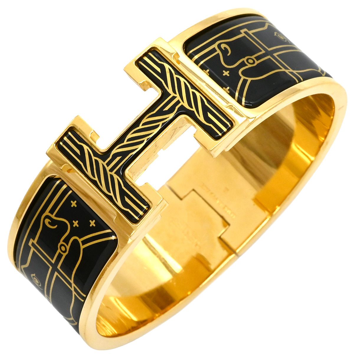 エルメス HERMES ブレスレット クリッククラックH GM カドリージュ オ フィル メタル エナメル ブラック ゴールド金具 黒 Hブレス Quadrige 箱