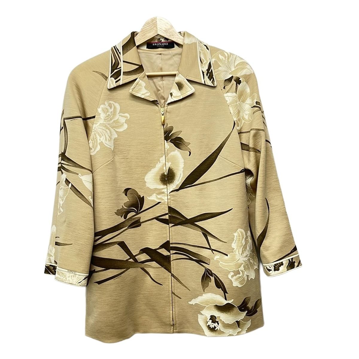 LEONARD レオナール コート サイズ42 L レディース - ベージュ×黒 長袖 花柄 春