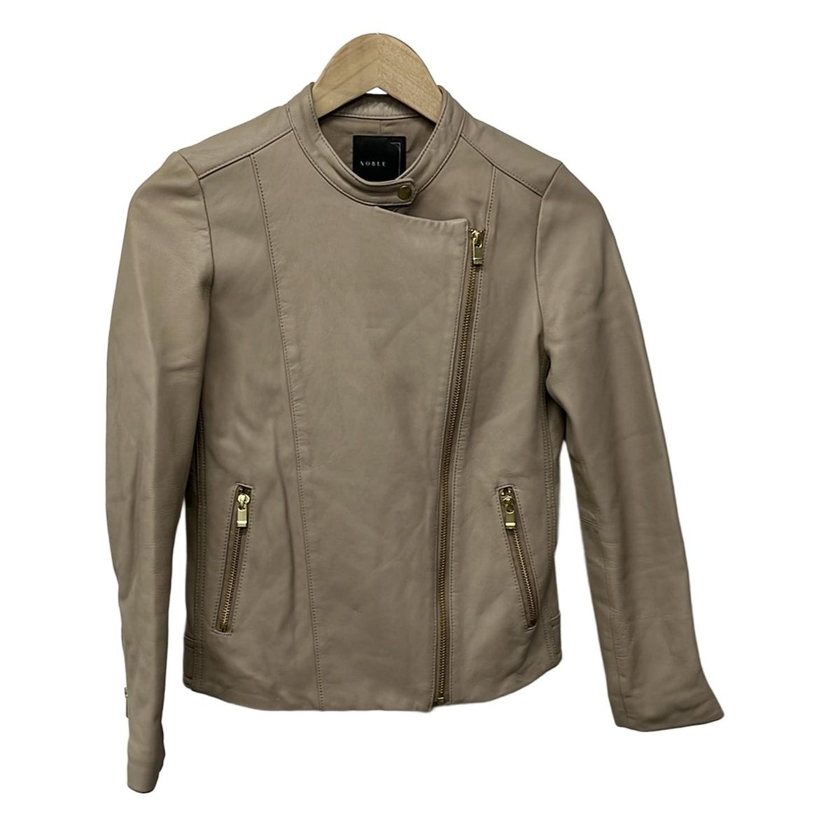 NOBLE ノーブル ライダースジャケット サイズ36 S レディース グレーベージュ 長袖 レザー ジップアップ 秋 冬