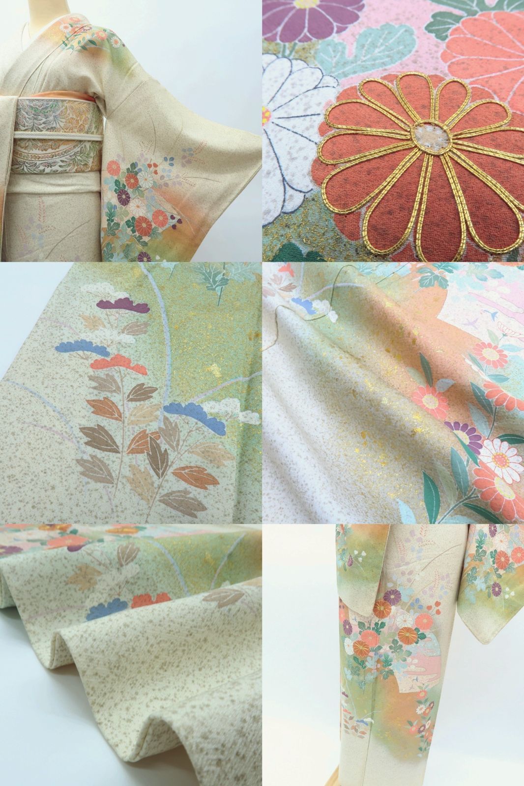 百華❀Y4009◇美品 正絹 金駒刺繡 手縫い仕立て 菊 扇 訪問着 着物