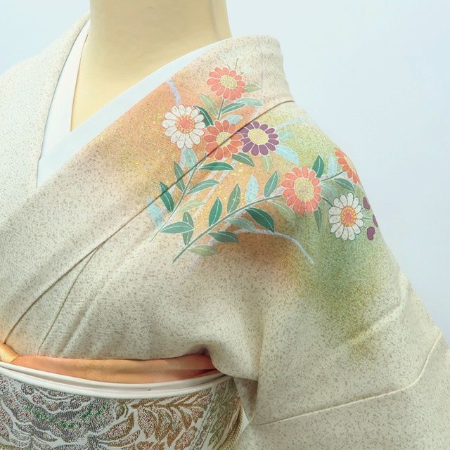 百華❀Y4009◇美品 正絹 金駒刺繡 手縫い仕立て 菊 扇 訪問着 着物