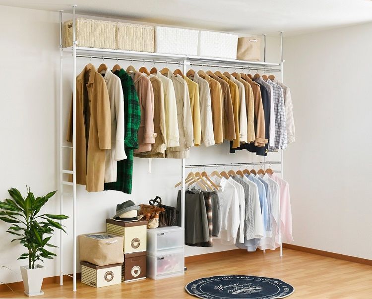 アウトレット 突っ張り ラック クローゼット ハンガーラック 伸縮式 奥行３０cm ホワイト ワイド ハイタイプ 収納 棚 クローゼット収納ラック 収納棚 クローゼットハンガー 収納ケース ワードローブ 吊り下げ収納 スリムラック 北欧
