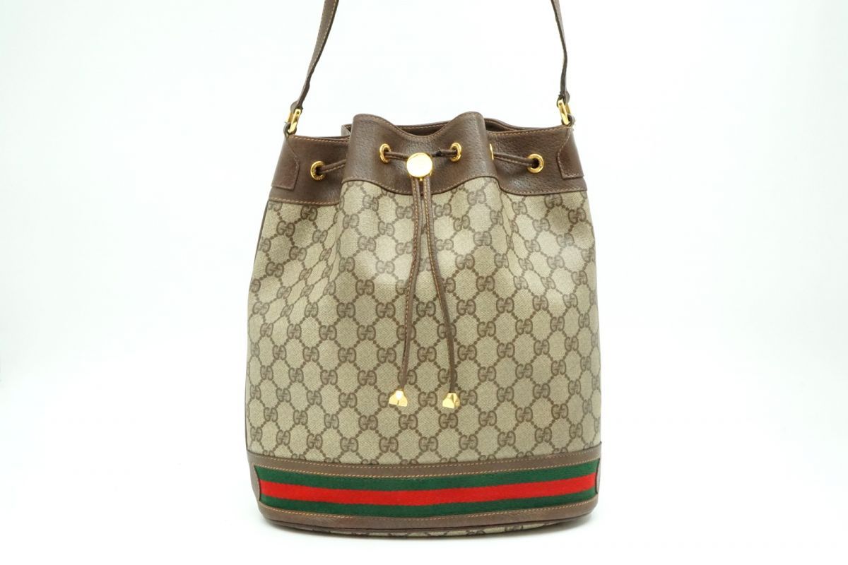 グッチ ヴィンテージ GGプラス 巾着 ショルダーバッグ シェリーライン PVCキャンバス 茶 GUCCI 4444h