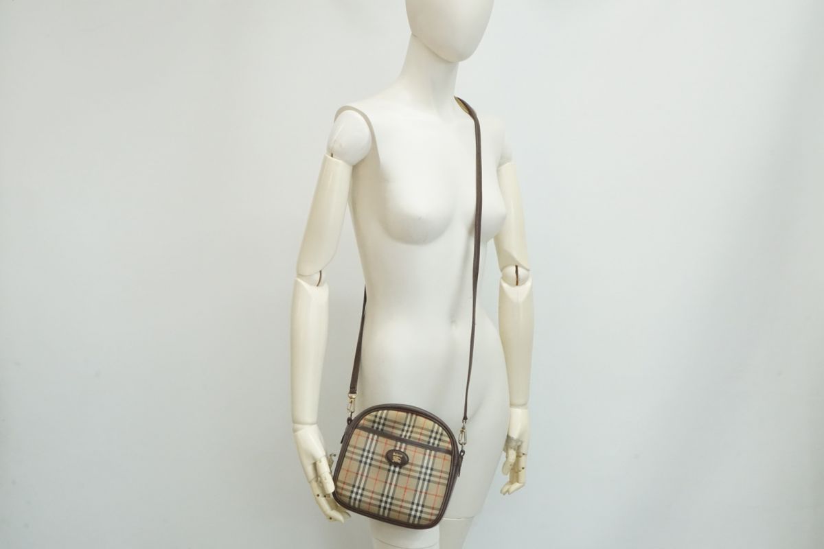 バーバリー ヴィンテージ ノバチェック ミニ ショルダーバッグ ポシェット レザー キャンバス 茶 ブラウン Burberry 4450h