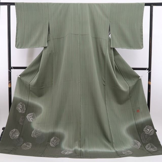 ❁tomihisa❁新品 藤林徳扇 落款 着物 正絹 仕付け糸付”松葉色にそっと