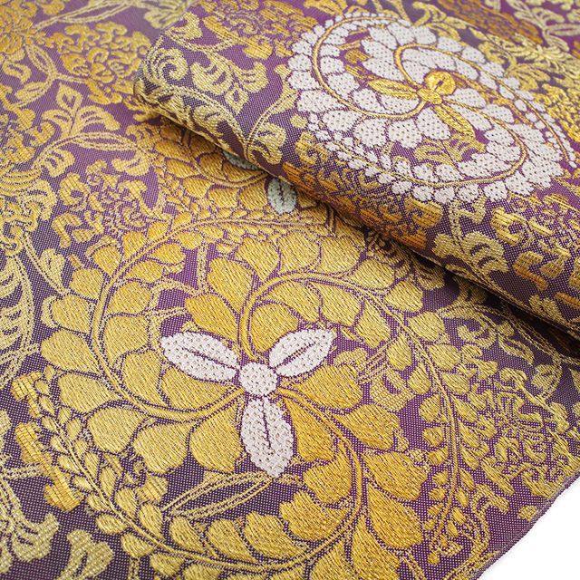 新古品】 袋帯 京都 西陣 正絹 未使用 本金 紫系 段ぼか地 藤巴宝相紋