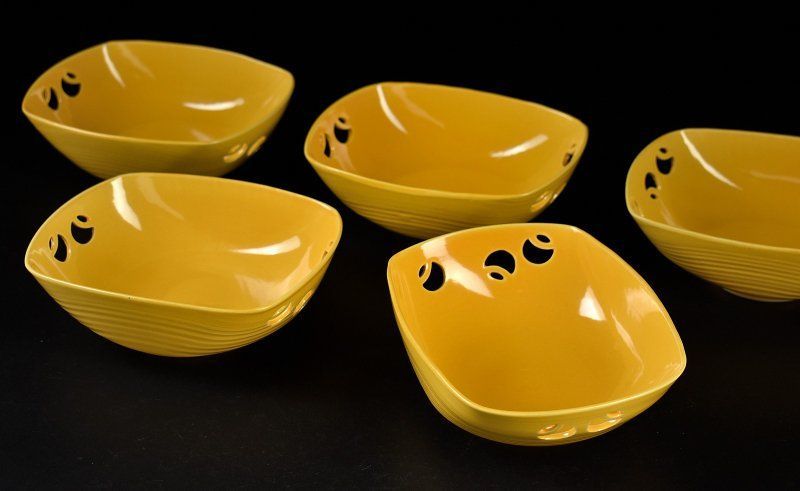 蔵A4914s 黄釉 つぼつぼ透かし文 向付 小鉢 五客