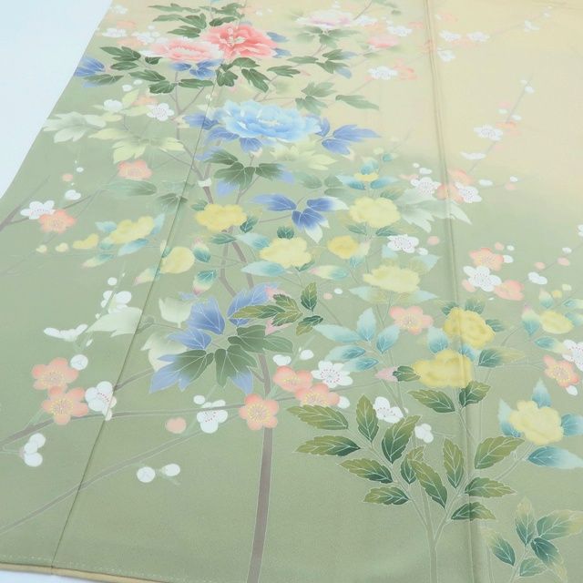 百華❀Y4013◇作家物落款 手描き友禅 仕付け糸付 手縫い仕立て 牡丹 菊