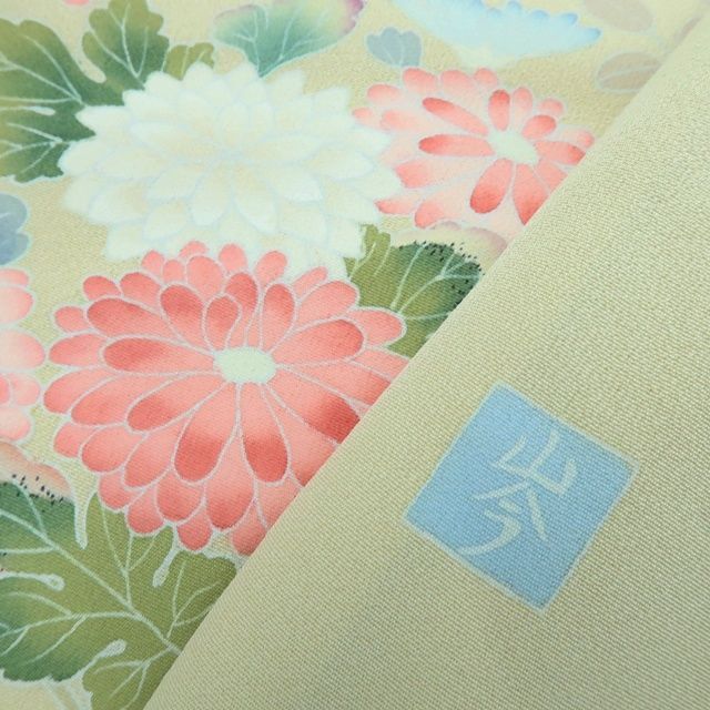 百華❀Y4013◇作家物落款 手描き友禅 仕付け糸付 手縫い仕立て 牡丹 菊
