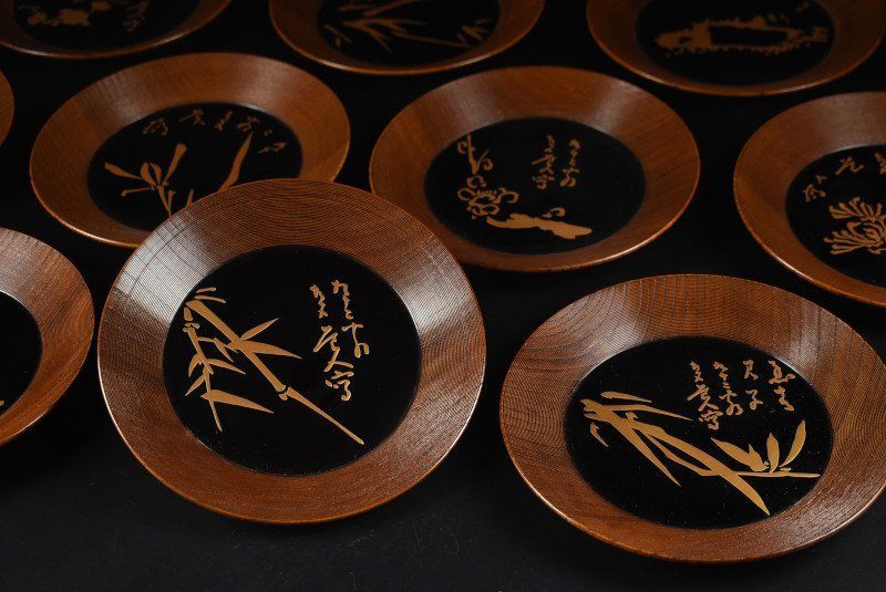 蔵A 4639 b 木製蒔絵絵替 菓子皿 十客 木箱