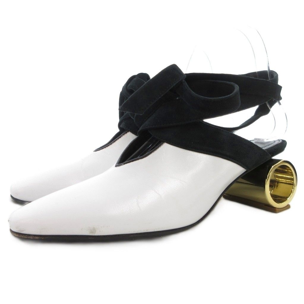 ジェイダブリューアンダーソン JWアンダーソン J W ミュール パンプス シリンダーヒール スクエアトゥ 37 白 ホワイト 黒 ブラック メタリック バイ リボン GV