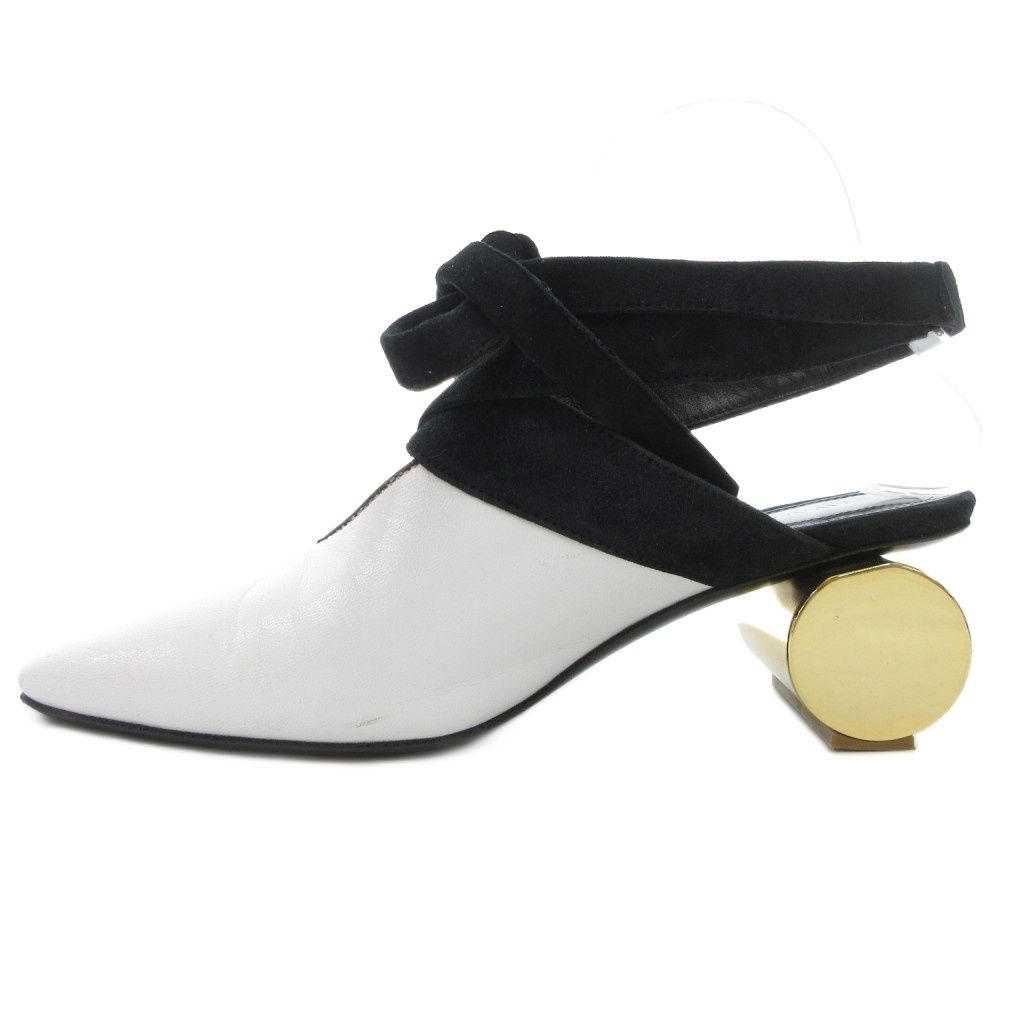 ジェイダブリューアンダーソン JWアンダーソン J.W. ミュール パンプス シリンダーヒール スクエアトゥ 37 白 ホワイト 黒 ブラック メタリック バイ リボン GV