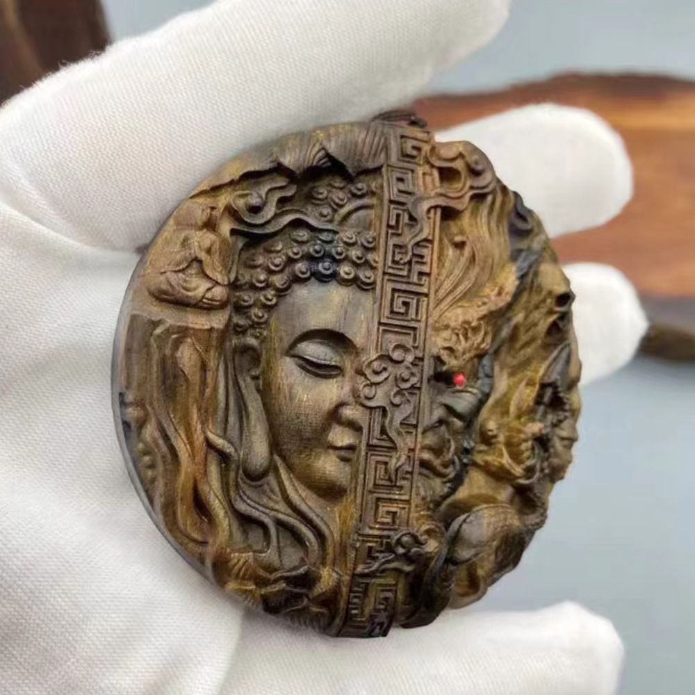 送料無料】沈香木彫刻 両面彫り 一念之間 観音 仏像 置物 仏壇