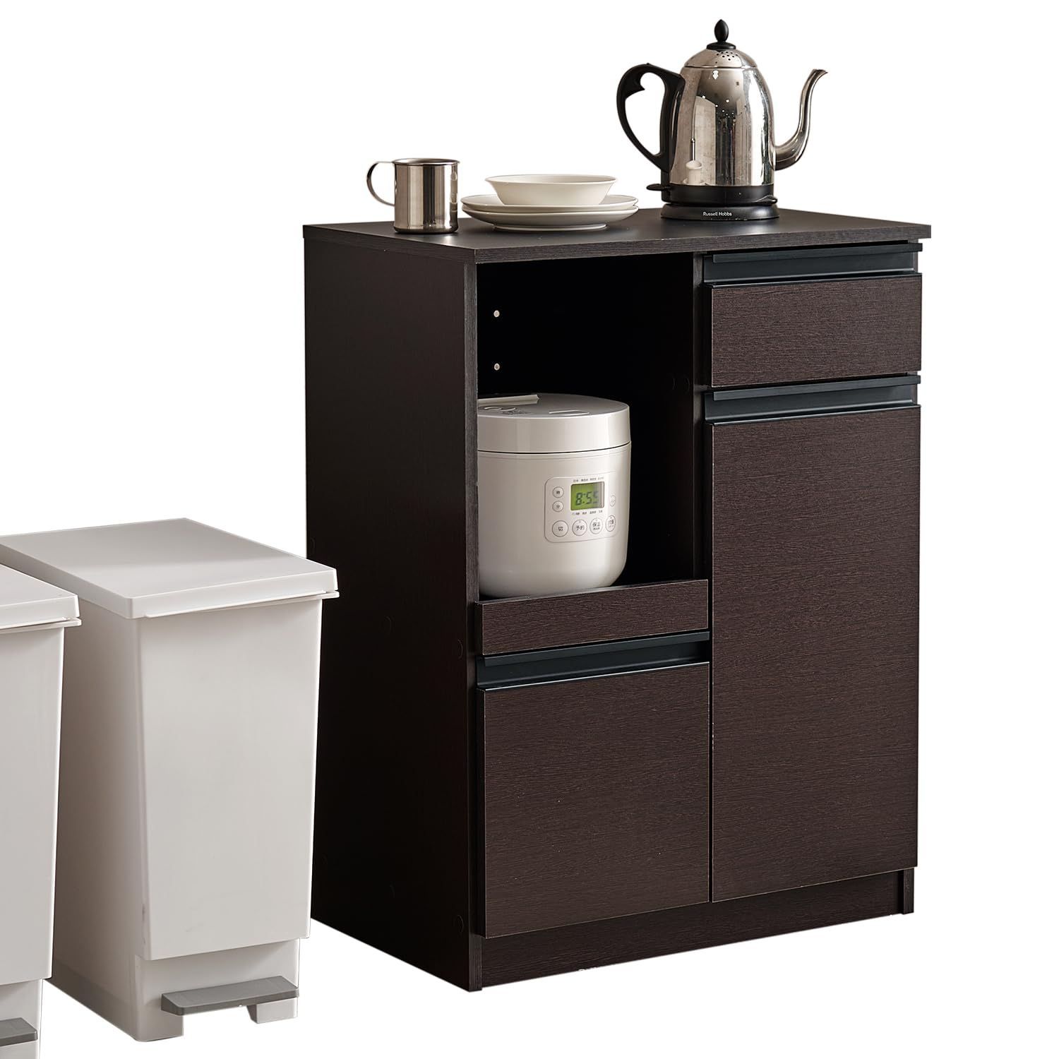 在庫 萩原 レンジボード 幅60 食器棚 キッチンラック レンジ台 作業台 大容量 ２口コンセント 扉付き ダークブラウン VKC 7142 DBR