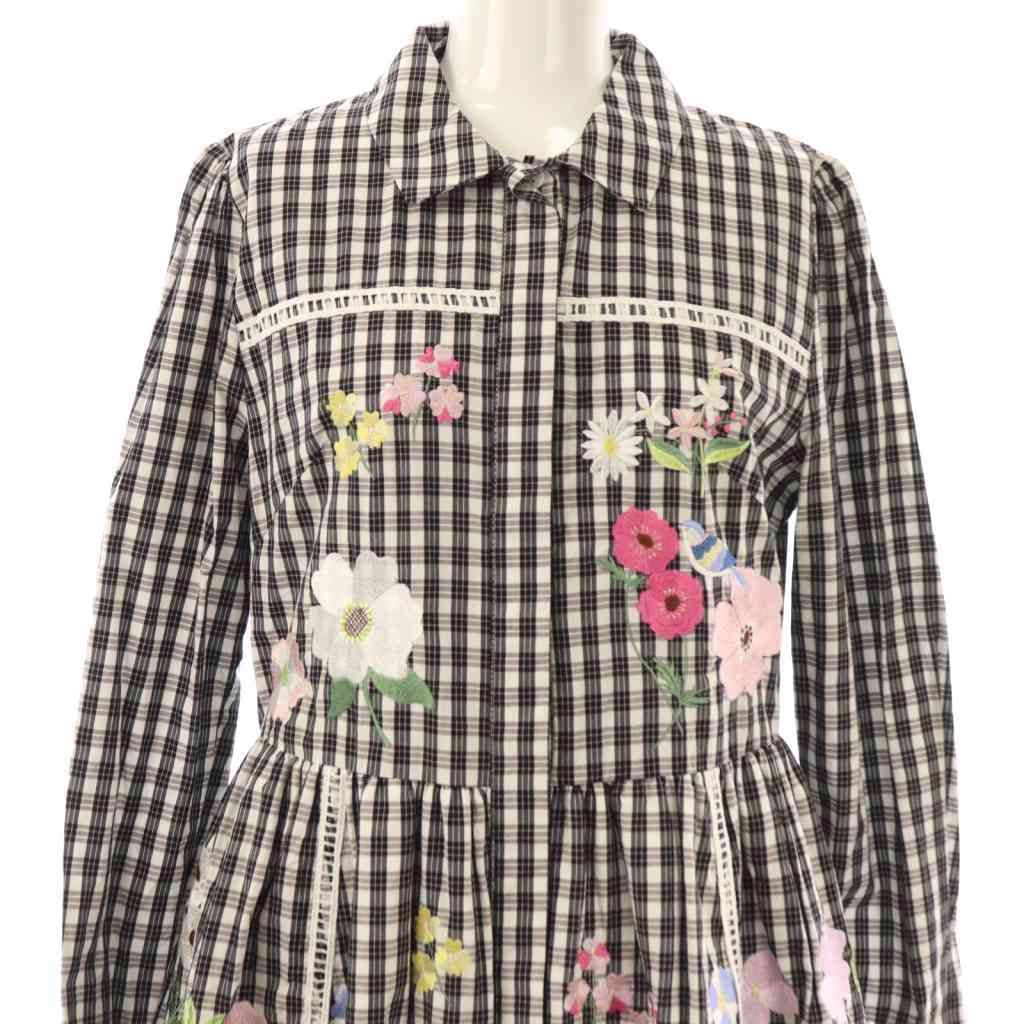 チェスティ Chesty フラワーバード刺繍シャツワンピース チェック